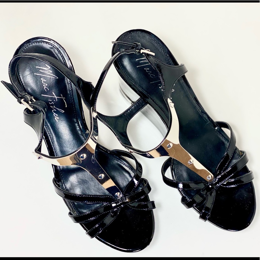 MARC FISHER Black Strap Metal Platforms Size 8.5